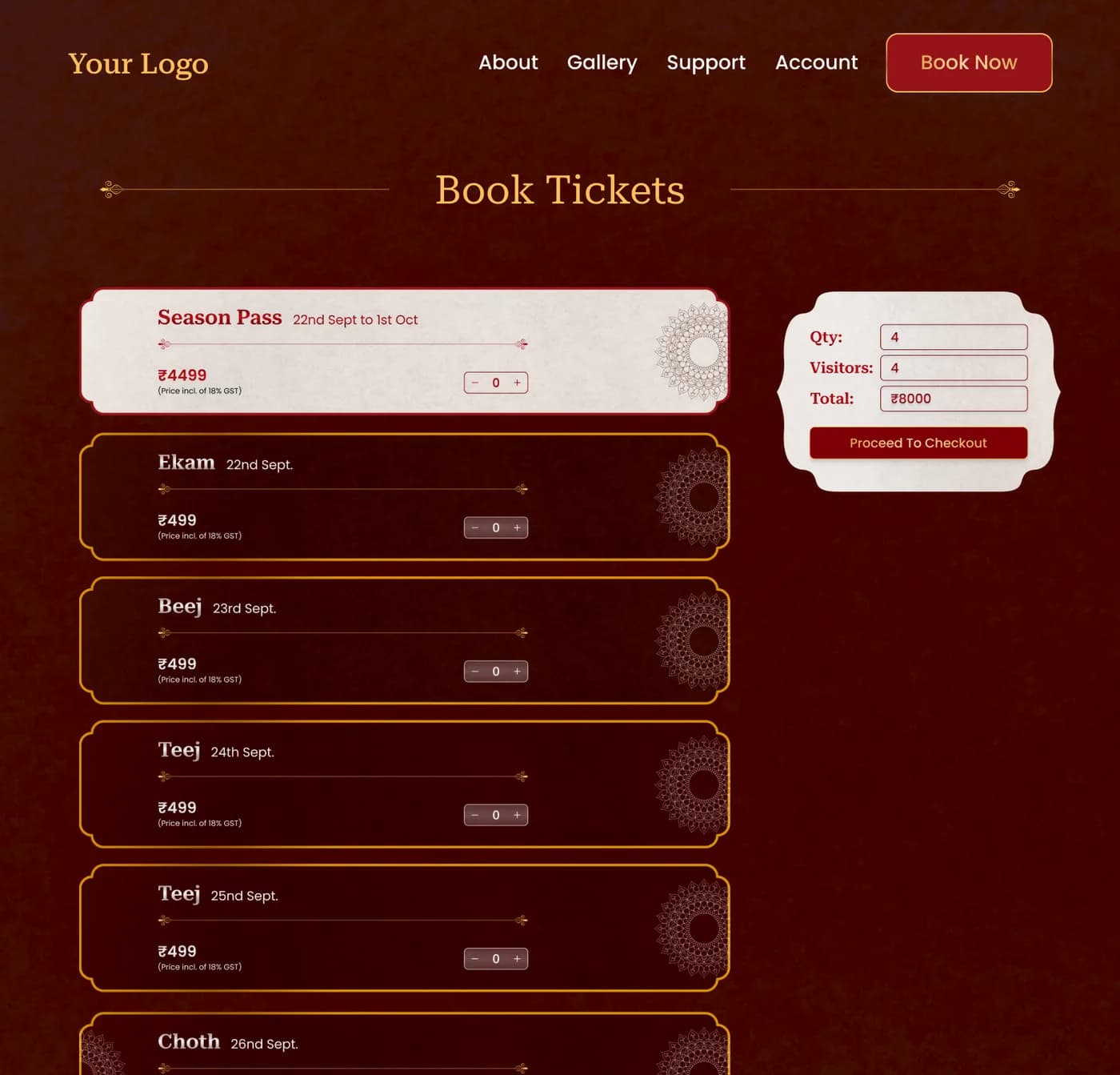The same booking flow entirely in the organizer’s brand · gold-bordered night tickets and a season pass on a deep red ground, with a checkout panel and no tikk.at mark anywhere on the page.
